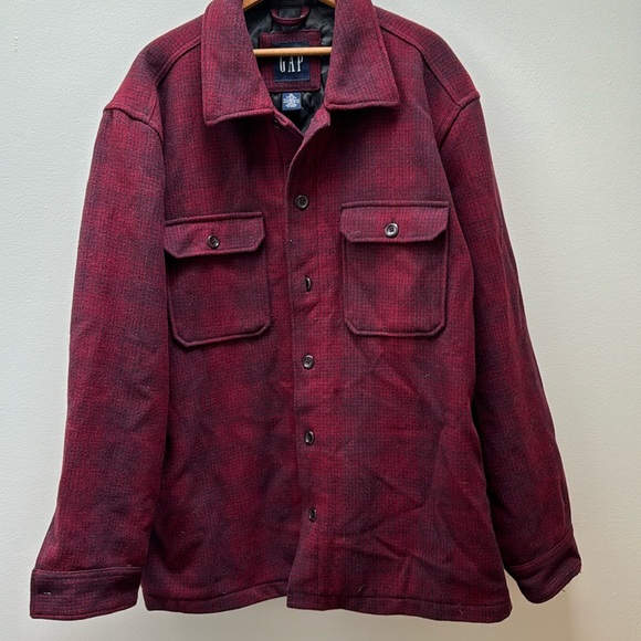 GAP Jackets & Blazers - Gap 100% Wool Shacket Shirt Jacket Plaid Size XL Red Gray Holiday Christmas